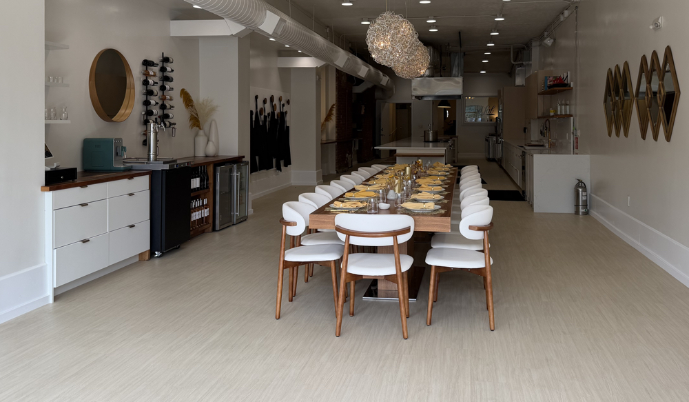 A long table set for a meal.